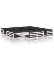 Salon de jardin 14 pcs avec coussins Blanc Bois de pin massif | Mobilier & Déco