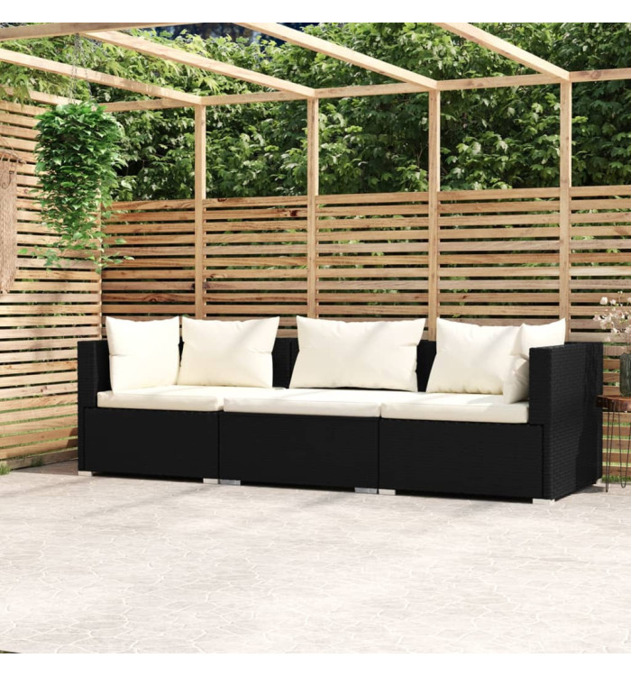 Canapé 3 places avec coussins Noir Résine tressée | Mobilier & Déco