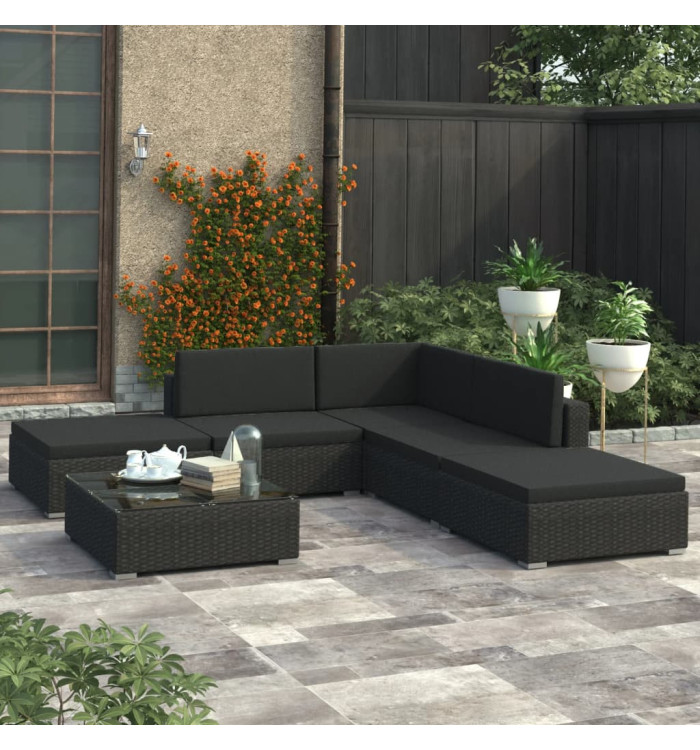 Salon de jardin 6 pcs avec coussins Résine tressée Noir | Mobilier & Déco