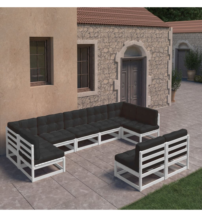 Salon de jardin 9 pcs avec coussins Blanc Bois de pin massif | Mobilier & Déco
