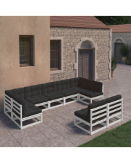 Salon de jardin 9 pcs avec coussins Blanc Bois de pin massif | Mobilier & Déco