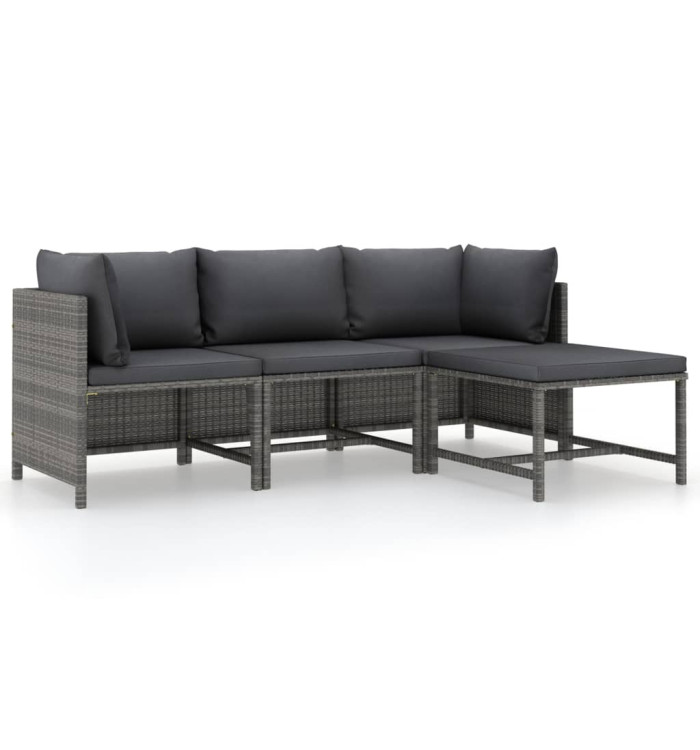 Salon de jardin 4 pcs avec coussins Résine tressée Gris | Mobilier & Déco