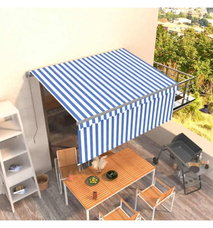 Auvent manuel rétractable avec store 3x2,5 m Bleu et blanc | Mobilier & Déco