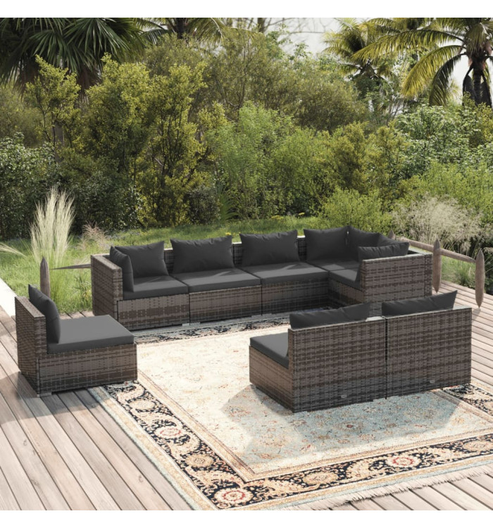 Salon de jardin 8 pcs avec coussins résine tressée gris | Mobilier & Déco