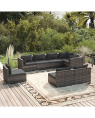 Salon de jardin 8 pcs avec coussins résine tressée gris | Mobilier & Déco
