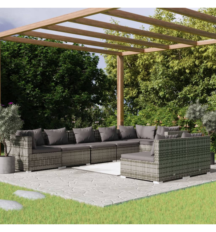 Salon de jardin 8 pcs avec coussins Résine tressée Gris | Mobilier & Déco