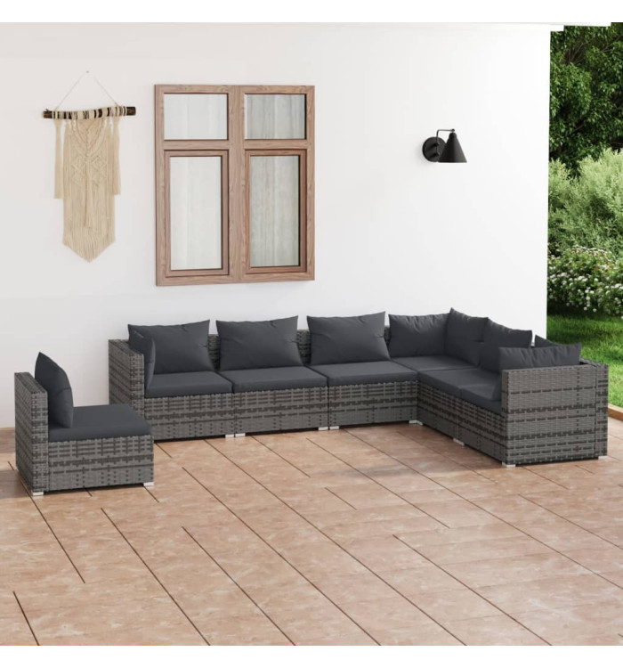 Salon de jardin 7 pcs avec coussins Résine tressée Gris | Mobilier & Déco