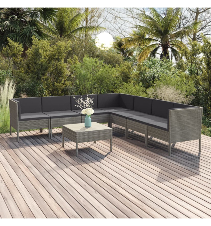 Salon de jardin 8 pcs avec coussins résine tressée gris | Mobilier & Déco