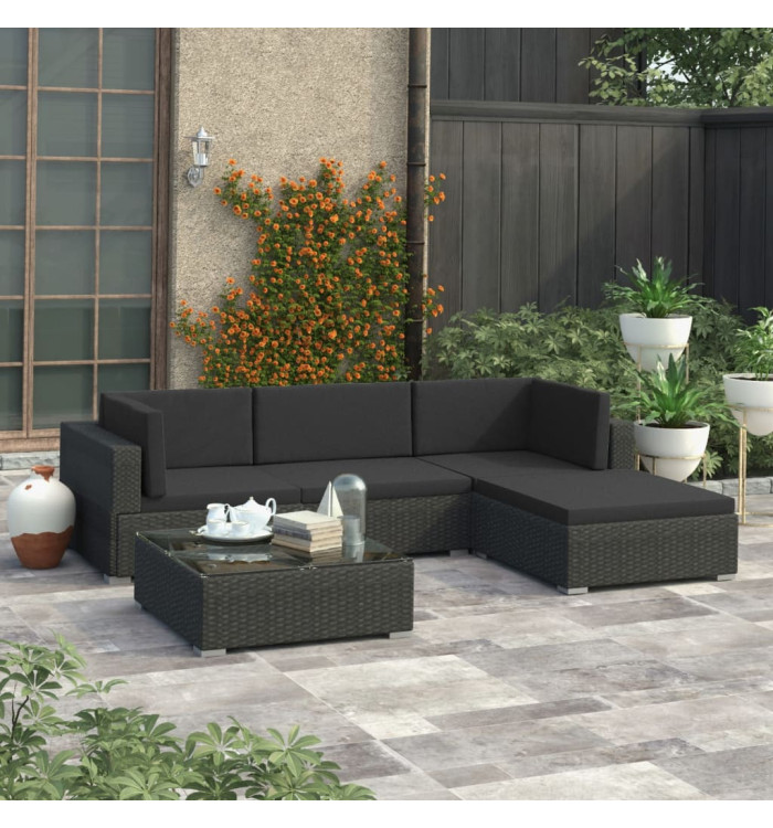 Salon de jardin 5 pcs avec coussins Résine tressée Noir | Mobilier & Déco