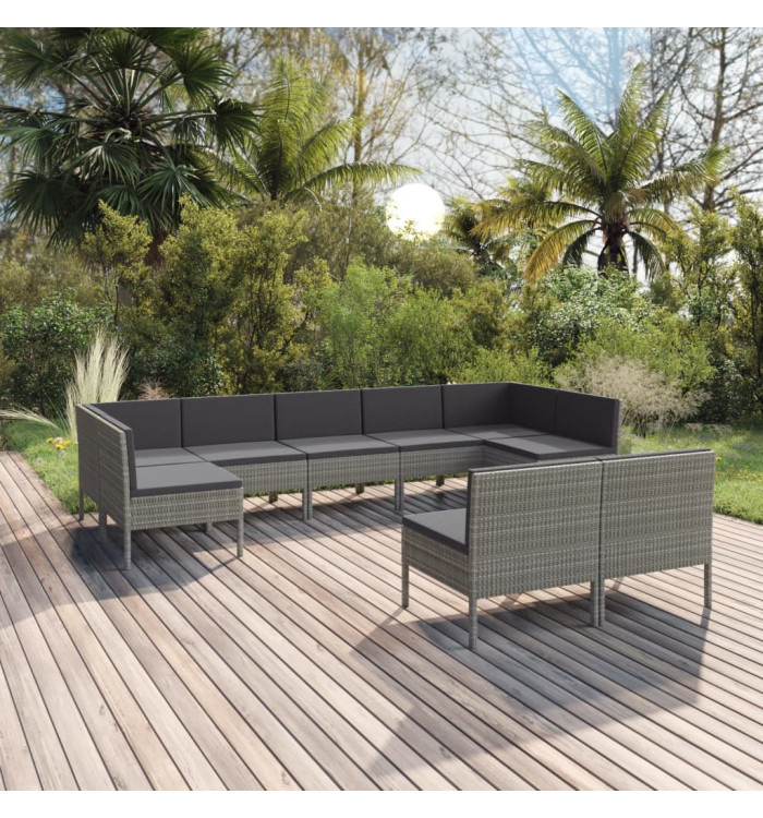 Salon de jardin 9 pcs avec coussins Résine tressée Gris | Mobilier & Déco