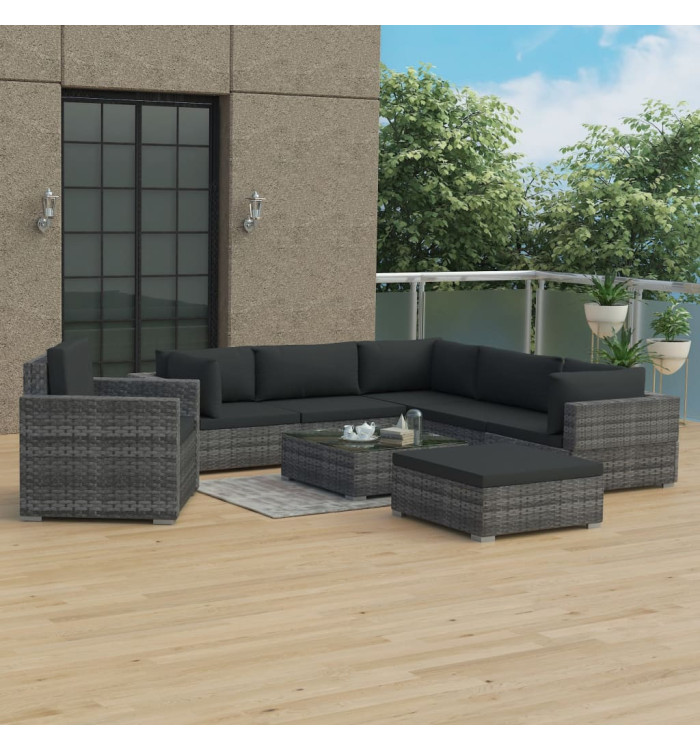 Salon de jardin 8 pcs avec coussins résine tressée gris | Mobilier & Déco