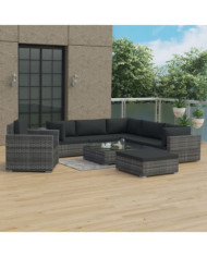 Salon de jardin 8 pcs avec coussins résine tressée gris | Mobilier & Déco
