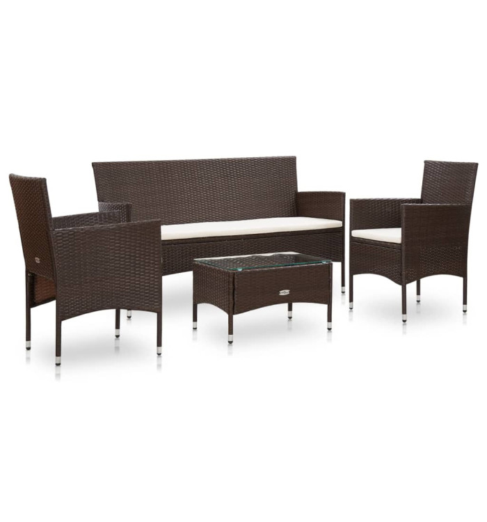 Salon de jardin 4 pcs avec coussins Résine tressée Marron | Mobilier & Déco