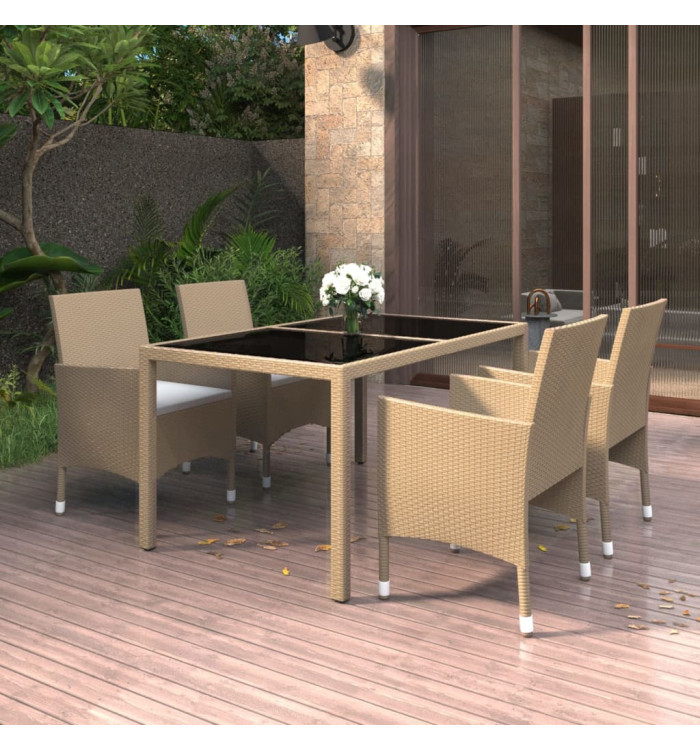 Ensemble à manger de jardin 5 pcs Rotin verre trempé Beige | Mobilier & Déco