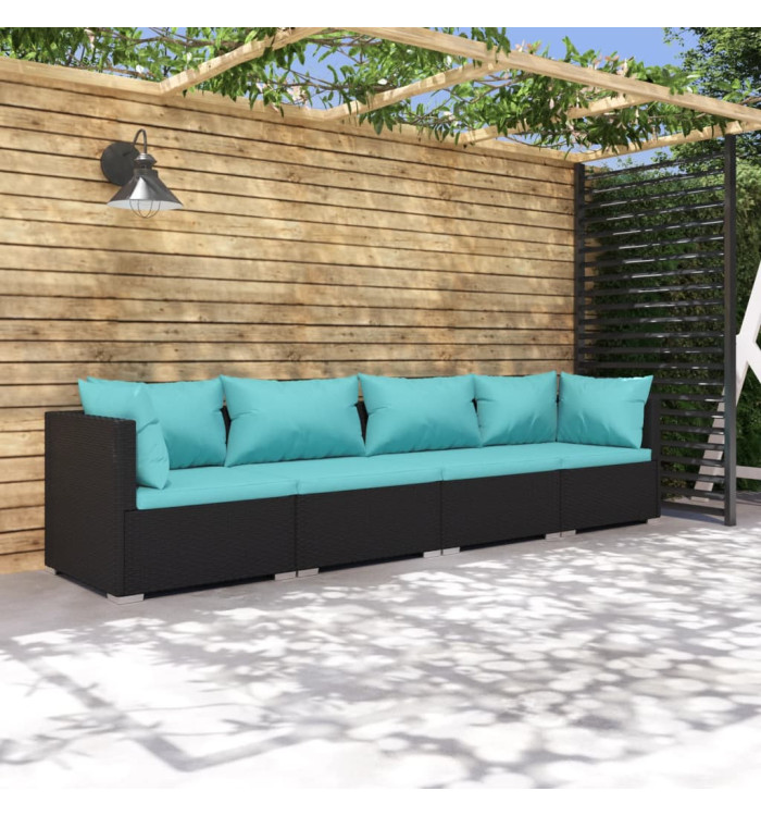 Salon de jardin 4 pcs avec coussins Résine tressée Noir | Mobilier & Déco