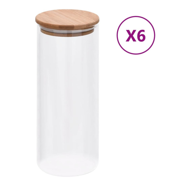 Pots de conservation en verre couvercle en bambou 6 pcs 1000 ml | Mobilier & Déco