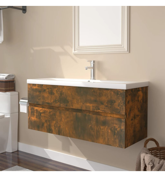 Meuble lavabo avec bassin intégré Chêne fumé Bois d'ingénierie | Mobilier & Déco
