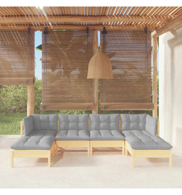 Salon de jardin 6 pcs avec coussins gris bois de pin | Mobilier & Déco