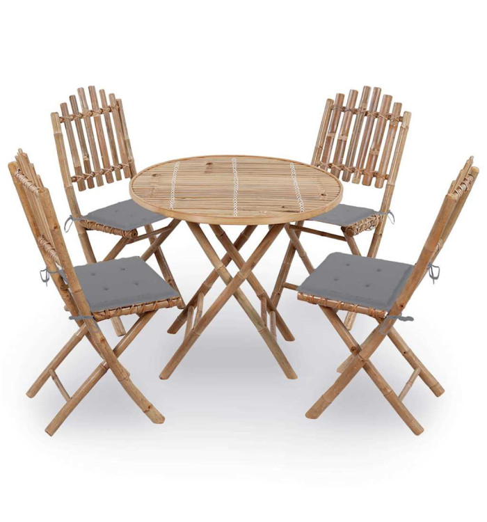 Mobilier à dîner d'extérieur pliable 5 pcs avec coussins bambou | Mobilier & Déco