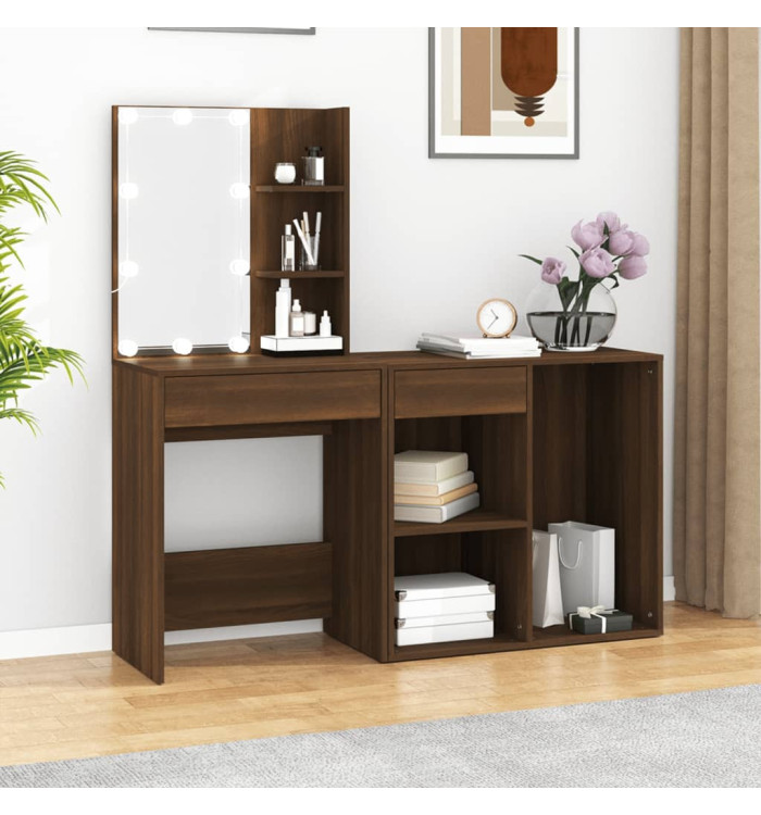 Coiffeuse à LED avec armoire Chêne marron Bois d'ingénierie | Mobilier & Déco