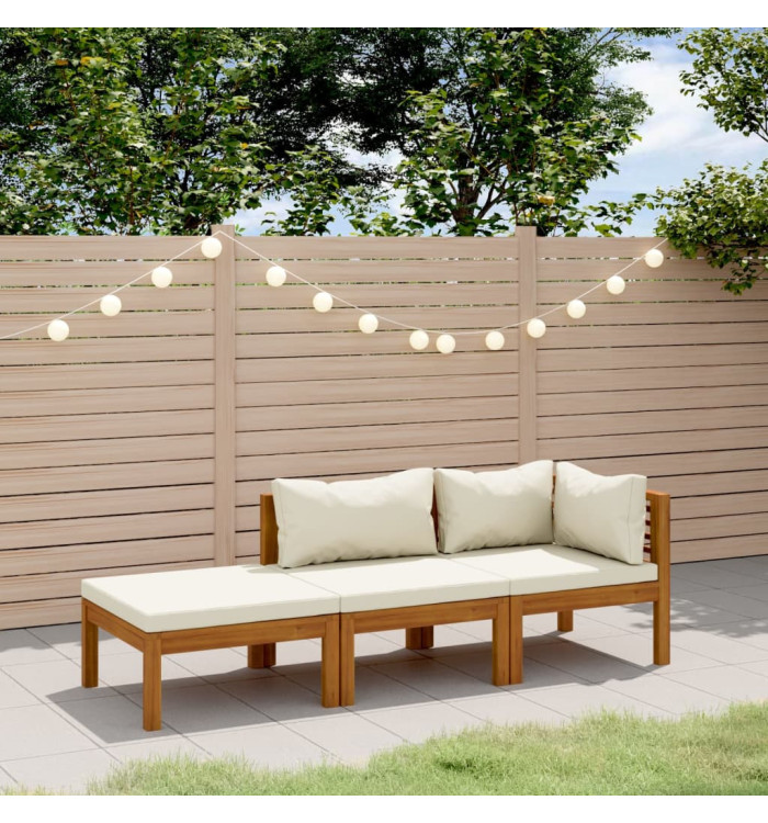 Salon de jardin 3 pcs avec coussin crème Bois d'acacia solide | Mobilier & Déco