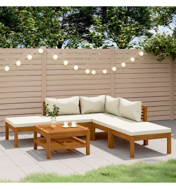 Salon de jardin 6 pcs avec coussin crème Bois d'acacia solide | Mobilier & Déco