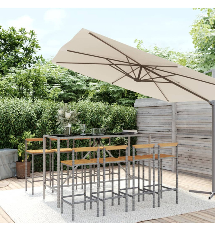 Ensemble de bar jardin 9 pcs gris poly rotin/bois massif acacia | Mobilier & Déco