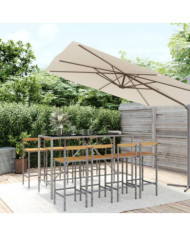 Ensemble de bar jardin 9 pcs gris poly rotin/bois massif acacia | Mobilier & Déco