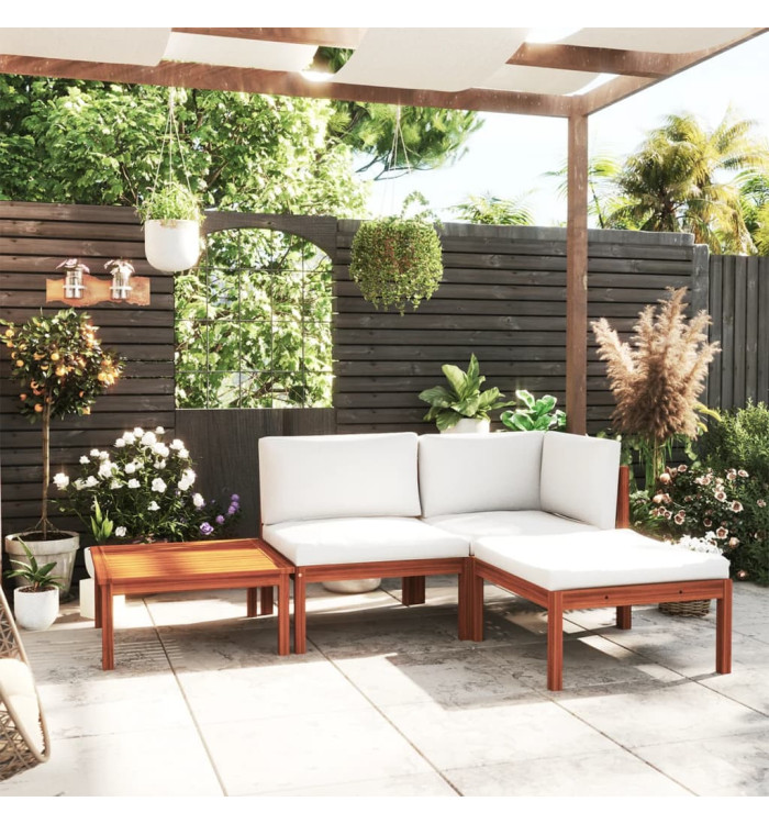 Salon de jardin 4 pcs avec coussins Crème Bois d'acacia solide | Mobilier & Déco