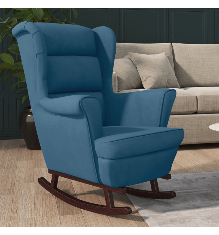 Fauteuil à bascule et pieds en bois massif d'hévéa Bleu Velours | Mobilier & Déco