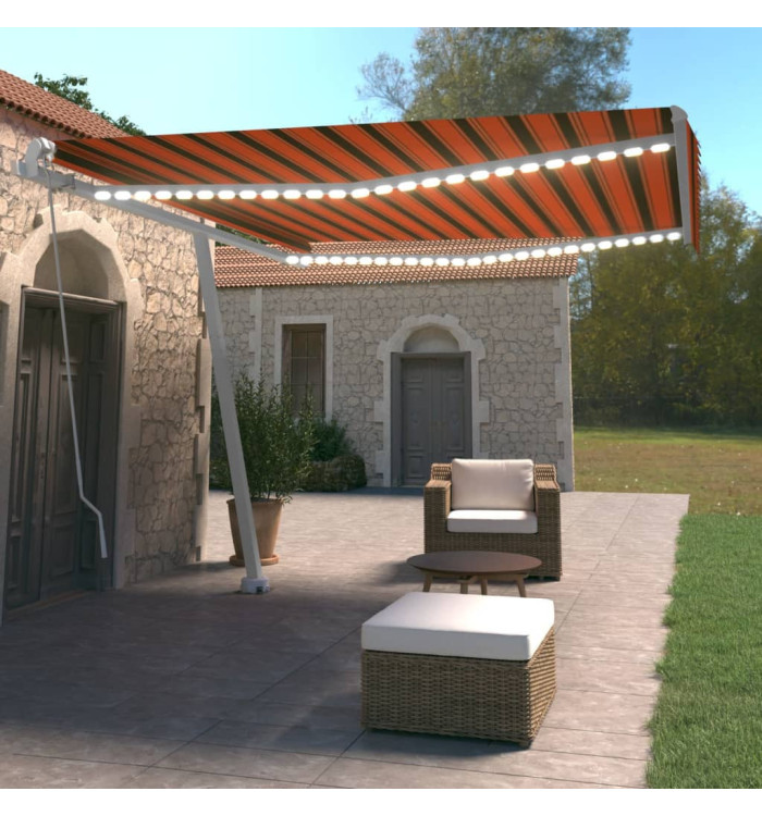 Auvent manuel rétractable avec LED 400x350 cm Orange et marron | Mobilier & Déco
