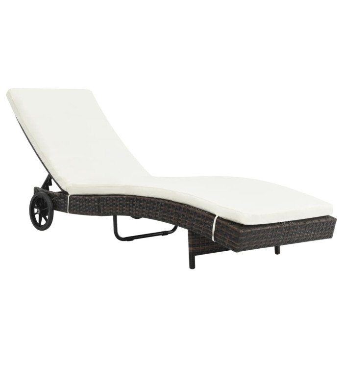 Chaise longue avec roues et coussin Résine tressée Marron | Mobilier & Déco