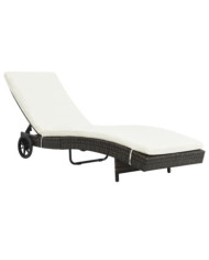 Chaise longue avec roues et coussin Résine tressée Marron | Mobilier & Déco