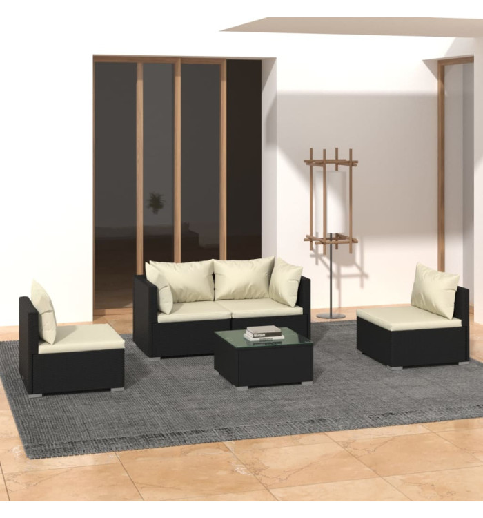 Salon de jardin 5 pcs avec coussins Résine tressée Noir | Mobilier & Déco