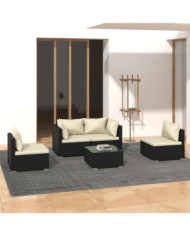 Salon de jardin 5 pcs avec coussins Résine tressée Noir | Mobilier & Déco