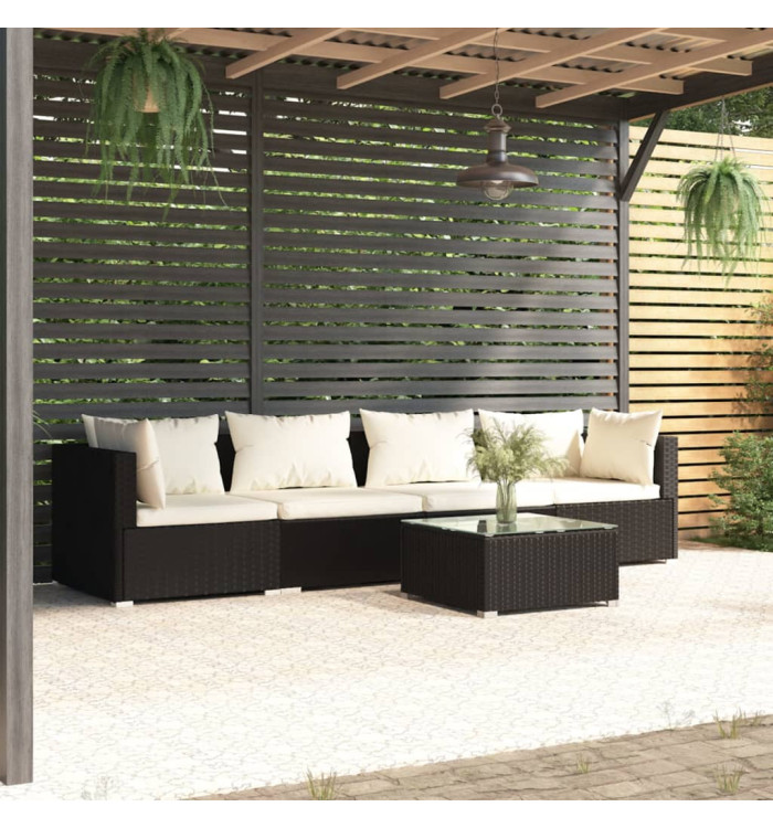 Salon de jardin 5 pcs avec coussins résine tressée noir | Mobilier & Déco