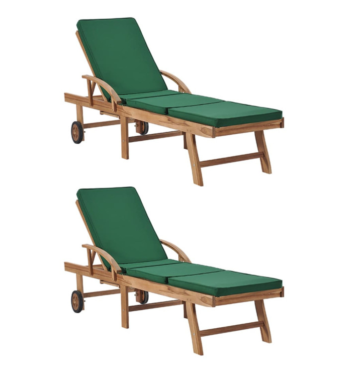 Chaises longues avec coussins 2 pcs Bois de teck solide Vert | Mobilier & Déco