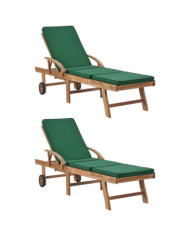Chaises longues avec coussins 2 pcs Bois de teck solide Vert | Mobilier & Déco