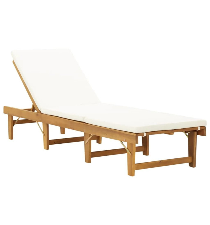 Chaise longue pliable coussin Bois massif d'acacia Blanc crème | Mobilier & Déco