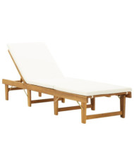 Chaise longue pliable coussin Bois massif d'acacia Blanc crème | Mobilier & Déco