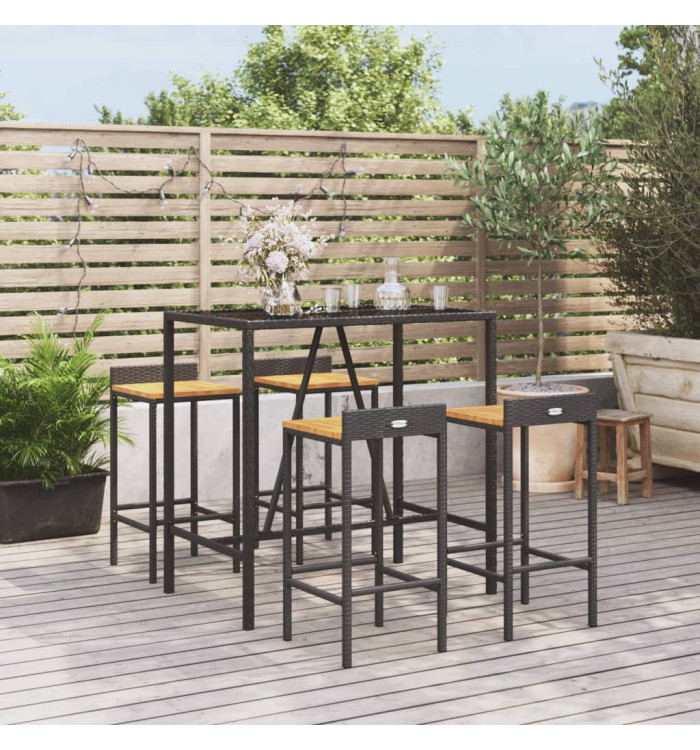 Ensemble de bar jardin 5 pcs noir poly rotin/bois massif acacia | Mobilier & Déco