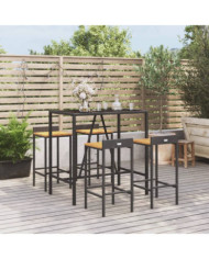 Ensemble de bar jardin 5 pcs noir poly rotin/bois massif acacia | Mobilier & Déco