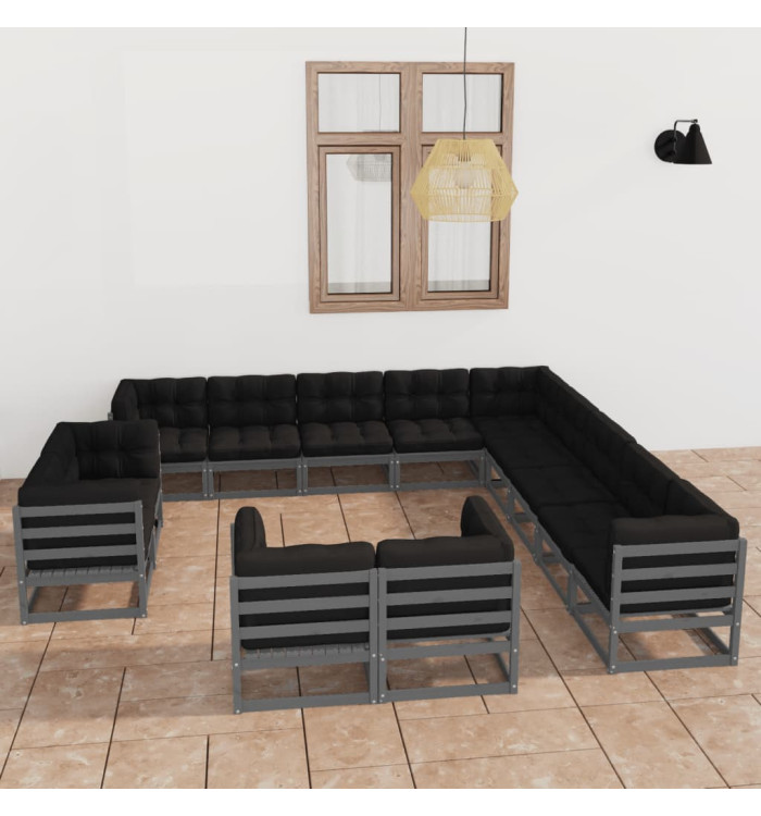 Salon de jardin 13 pcs avec coussins Gris Bois de pin massif | Mobilier & Déco
