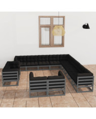 Salon de jardin 13 pcs avec coussins Gris Bois de pin massif | Mobilier & Déco