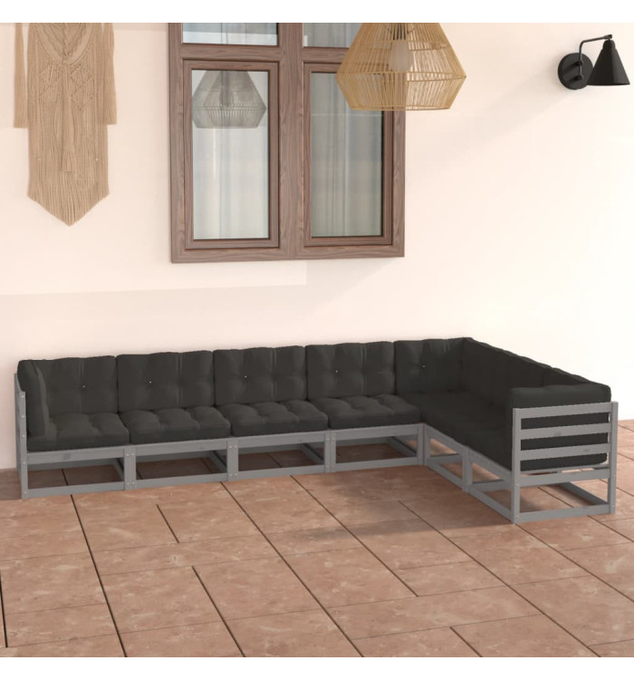 Salon de jardin 7 pcs avec coussins Gris Bois de pin massif | Mobilier & Déco