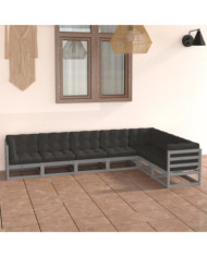 Salon de jardin 7 pcs avec coussins Gris Bois de pin massif | Mobilier & Déco
