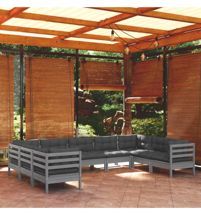 Salon de jardin 9 pcs avec coussins gris bois de pin | Mobilier & Déco