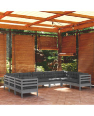 Salon de jardin 9 pcs avec coussins gris bois de pin | Mobilier & Déco
