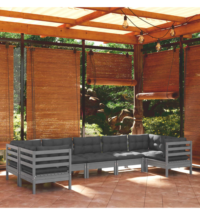 Salon de jardin 7 pcs avec coussins gris bois de pin | Mobilier & Déco