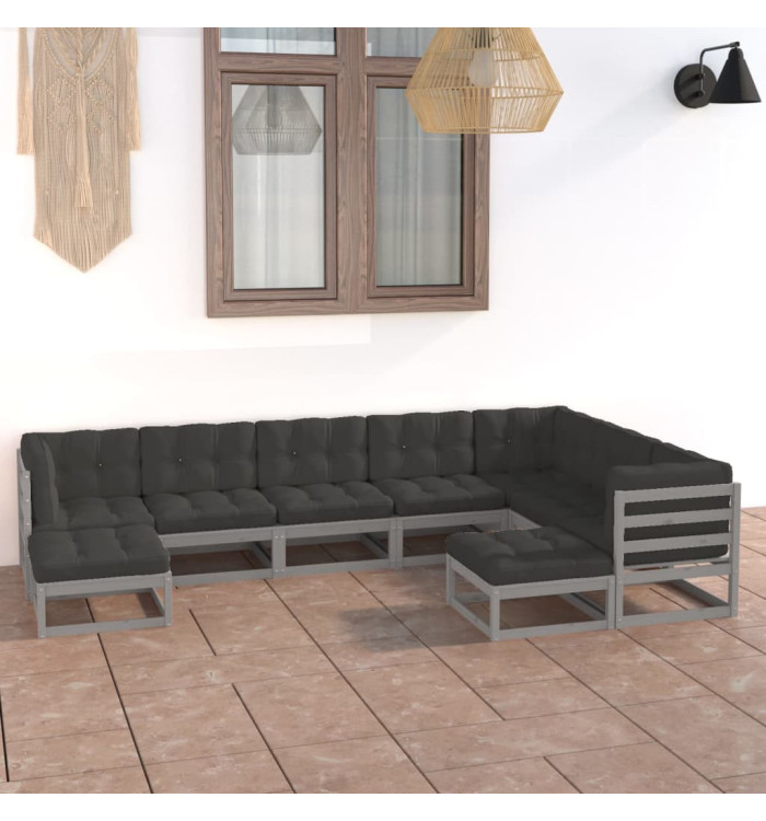 Salon de jardin 9 pcs avec coussins Gris Bois de pin massif | Mobilier & Déco